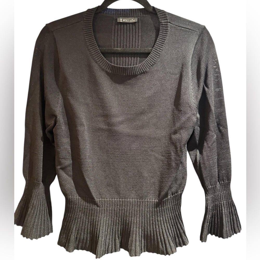 Very J black stretchy sweater with flared cuffs and hem, size M